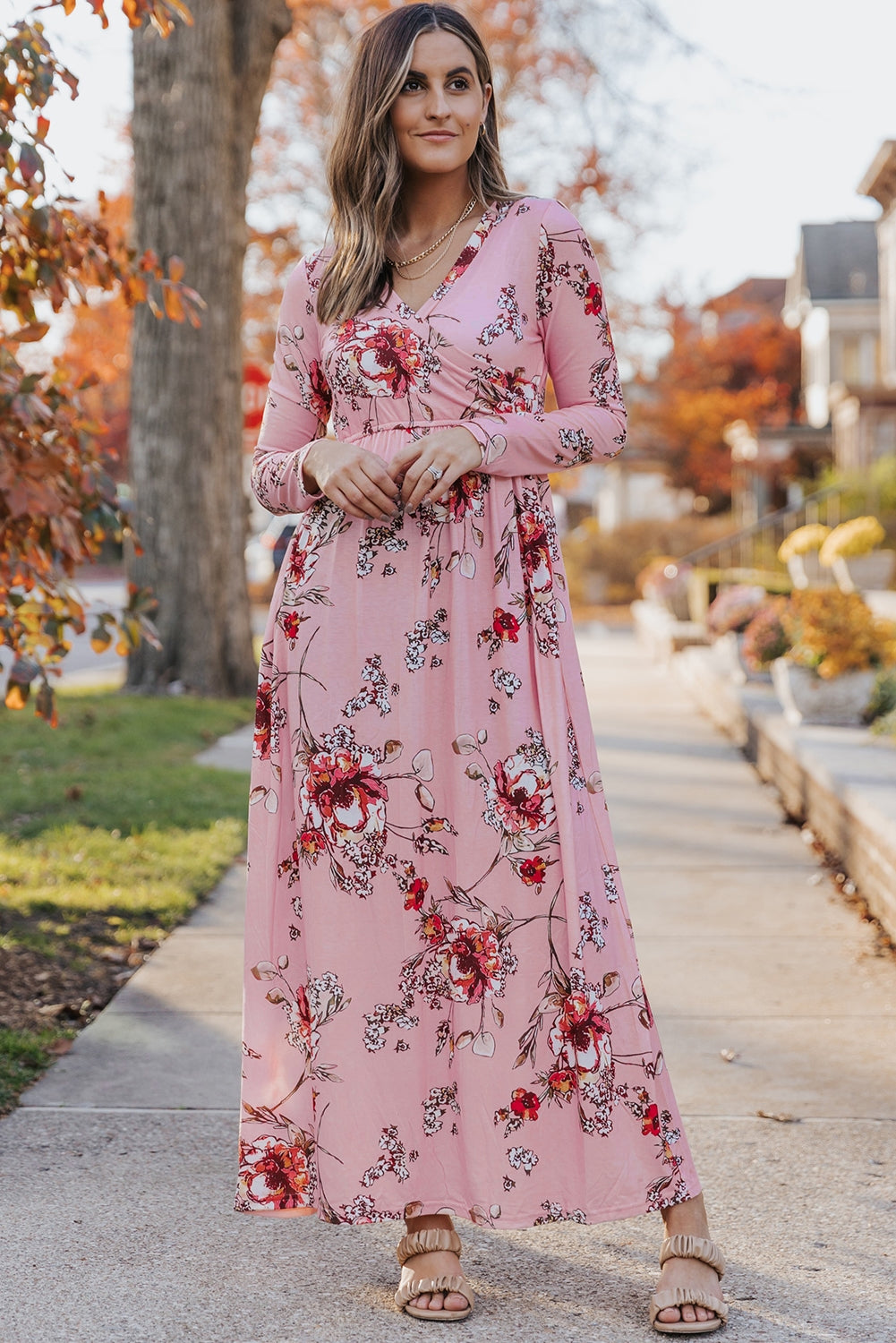 Wrapped V Neck Floral Long Sleeve Empire Maxi Dress