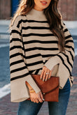 Striped Mock Neck Bell Sleeve Knit Sweater