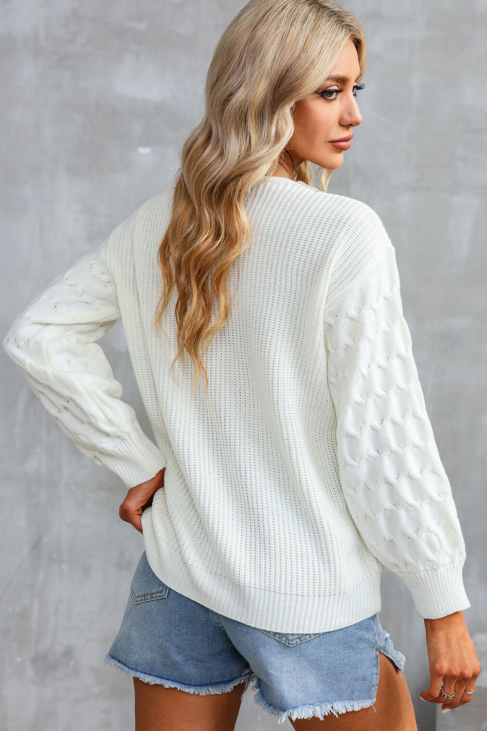 Cable Puff Sleeve Lace V Neck Sweater