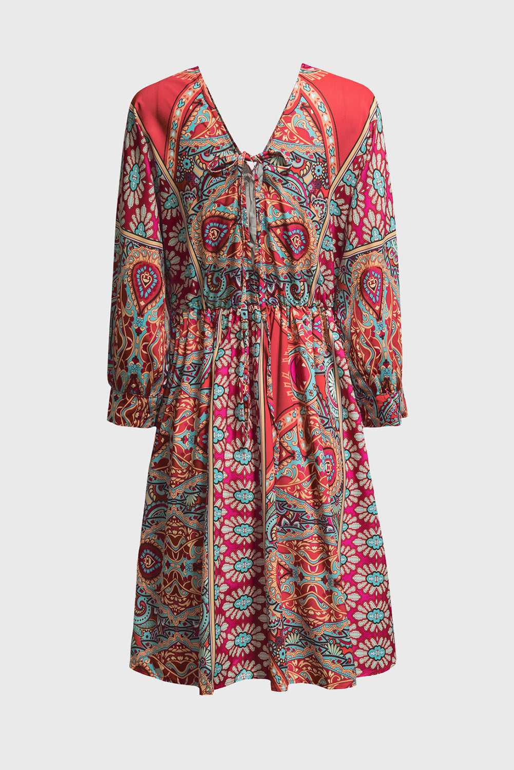 Multicolour V Neck 3/4 Sleeve Bohemian Vintage Print Mini Dress