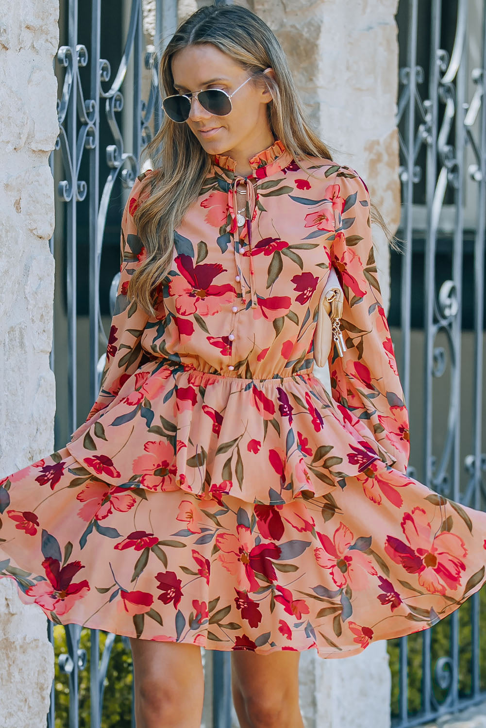 Frilled Collar Long Sleeve Floral Dress with Ruffle