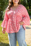 Red Plus Size Floral V Neck Flared Bracelet Sleeve Blouse