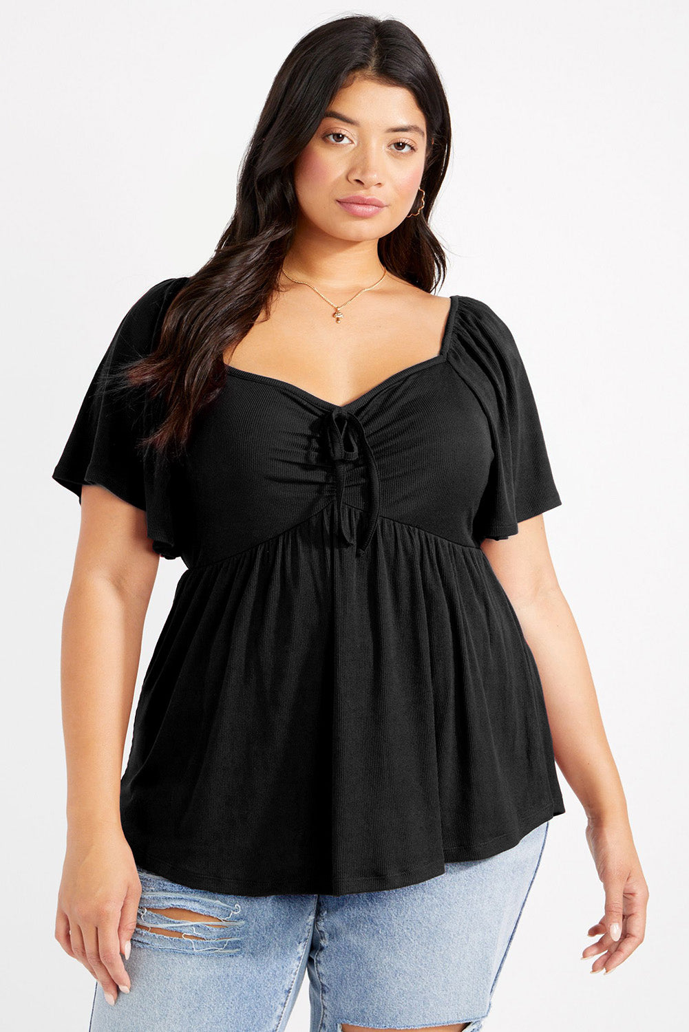 Haut babydoll noir froncé sur le devant de grande taille