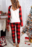 Red Plaid Raglan Sleeves Top and Drawstring Pants Lounge Set