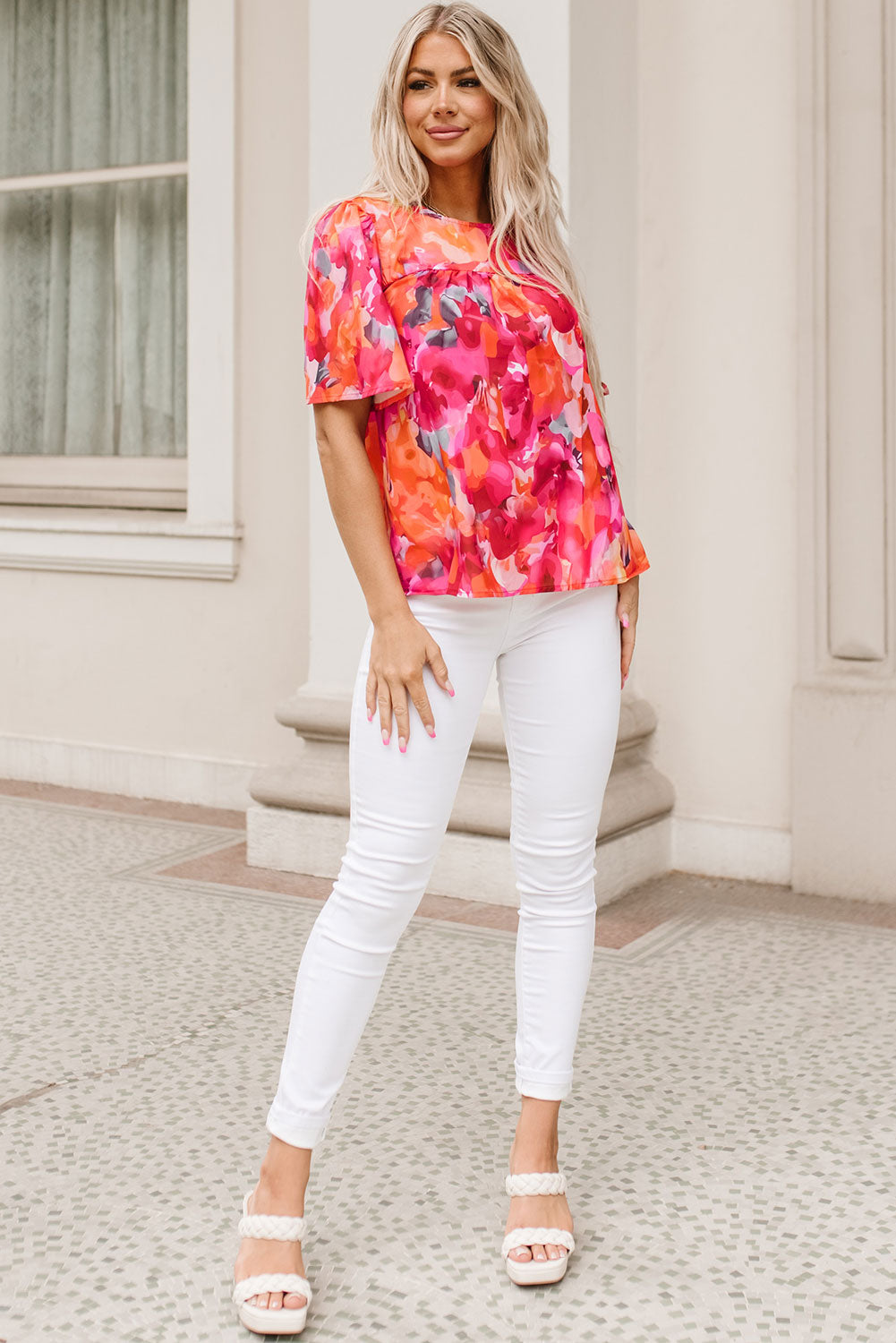 Floral Print Split Neck Tassel Tie Blouse