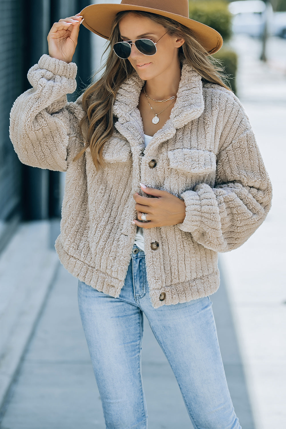 Veste boutonnée en polaire pelucheuse de couleur unie kaki