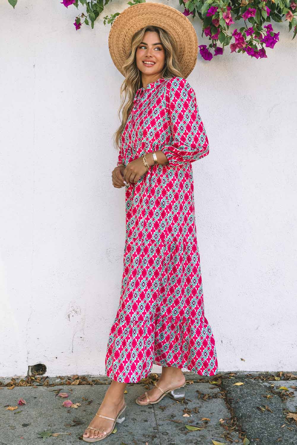 Bohemian Geometry Print 3/4 Puff Sleeve Dress