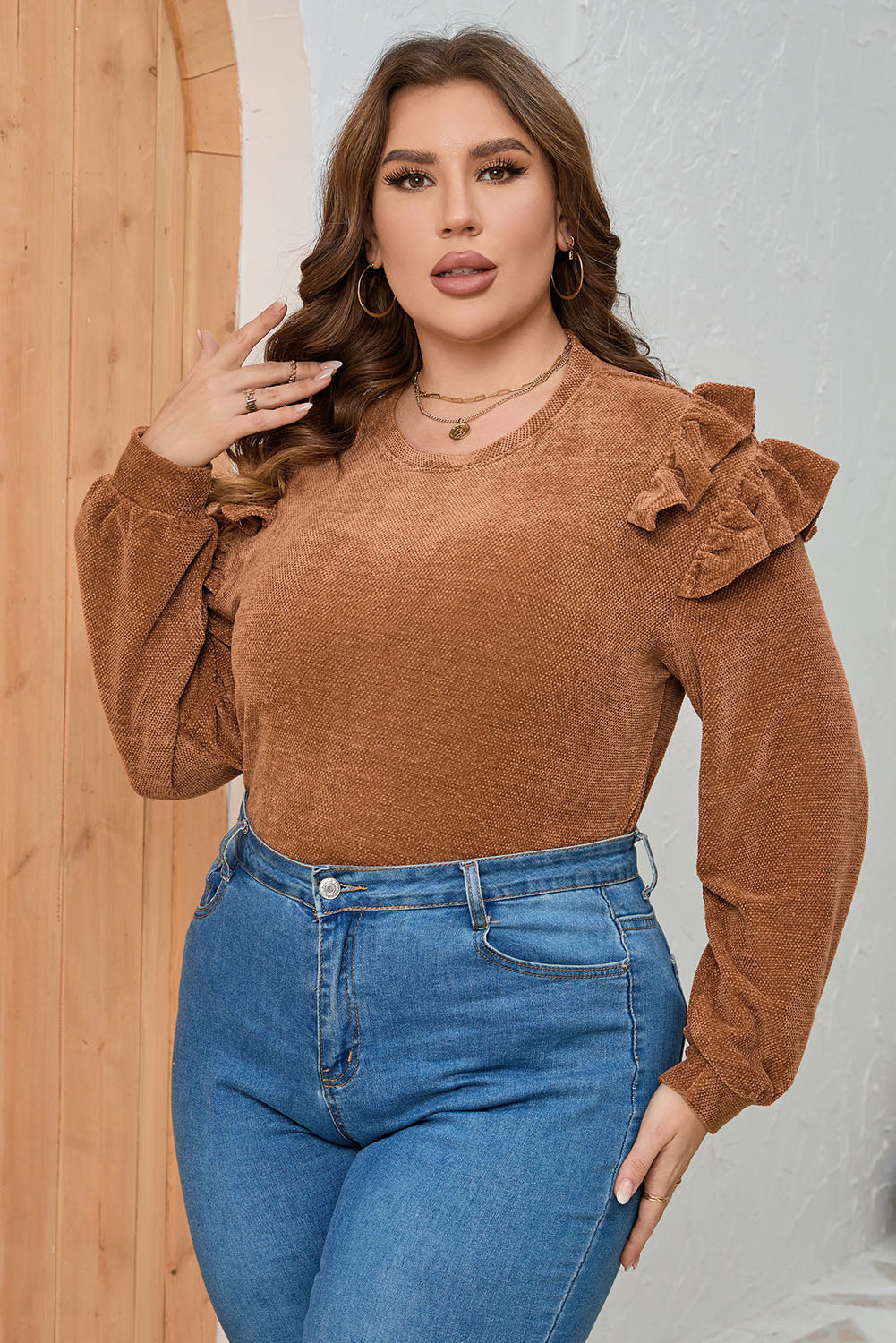 Plus Size Solid Ruffled Tiered Long Sleeve Top