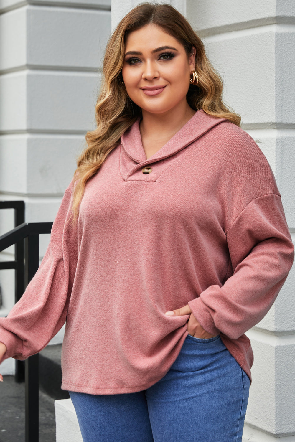 Plus Size Long Sleeve V-Neck Buttoned Top