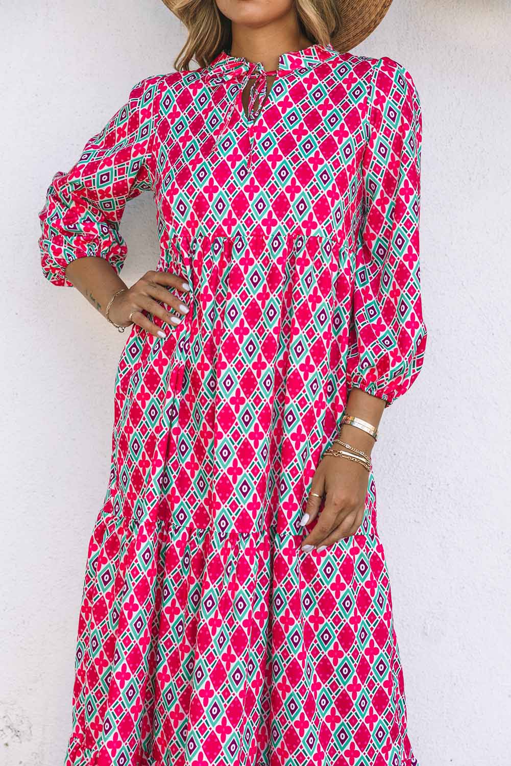 Bohemian Geometry Print 3/4 Puff Sleeve Dress