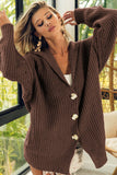 Cardigan boutonné à col à revers en grosse maille marron 