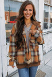 Orange Plaid Patch Hooded Frayed Snap Button Jacket