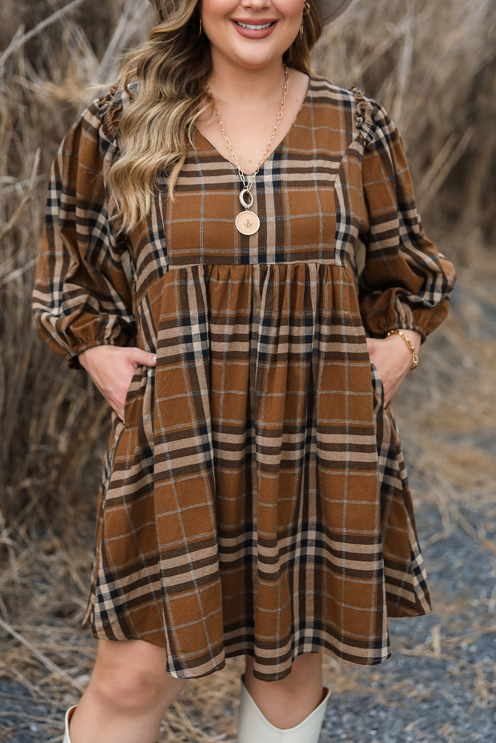 Brown Plaid Pattern Empire Waist Babydoll Dress