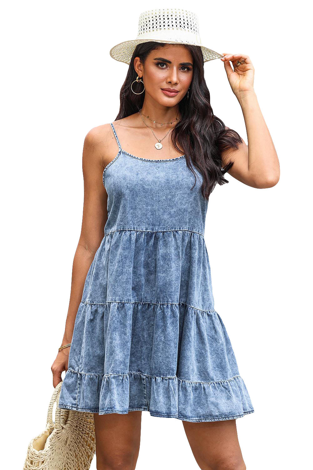 Sky Adjustable Straps Tiered Ruffle Denim Dress