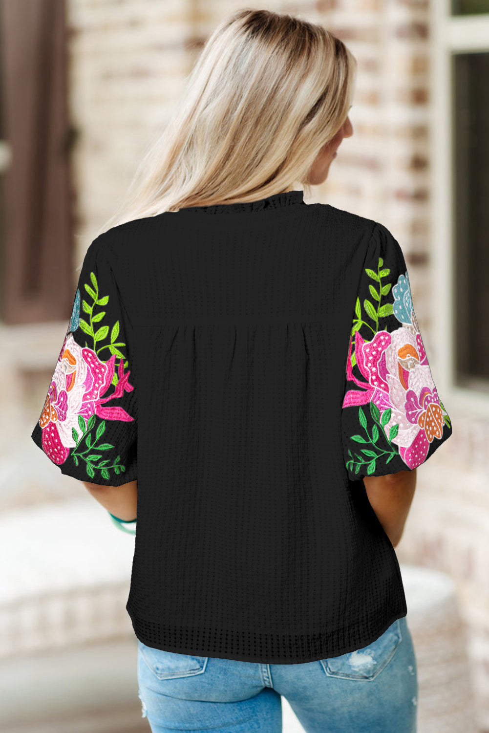 White Floral Embroidered Puff Sleeve Notched Neck Blouse