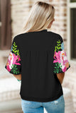 White Floral Embroidered Puff Sleeve Notched Neck Blouse