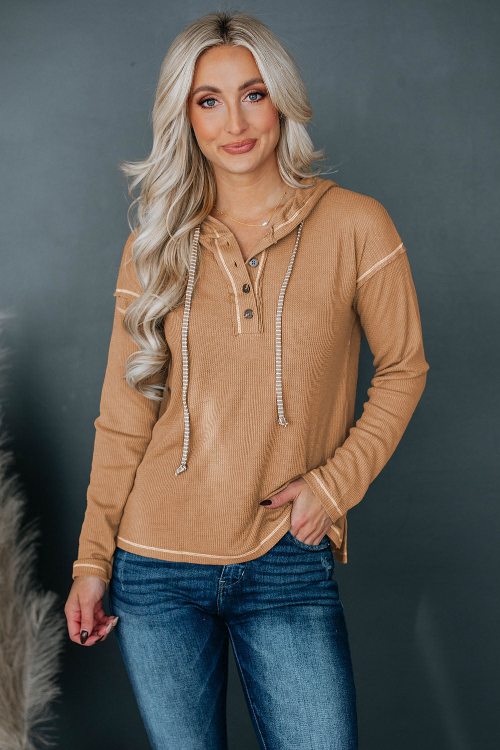 Seamed Drop Shoulder Waffle Knit Henley Hooded Top