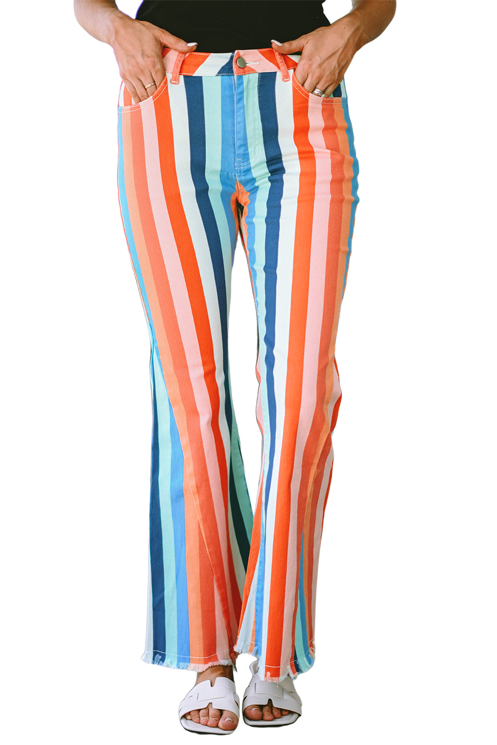 Striped Raw Hem Flared Bottom Denim Pants