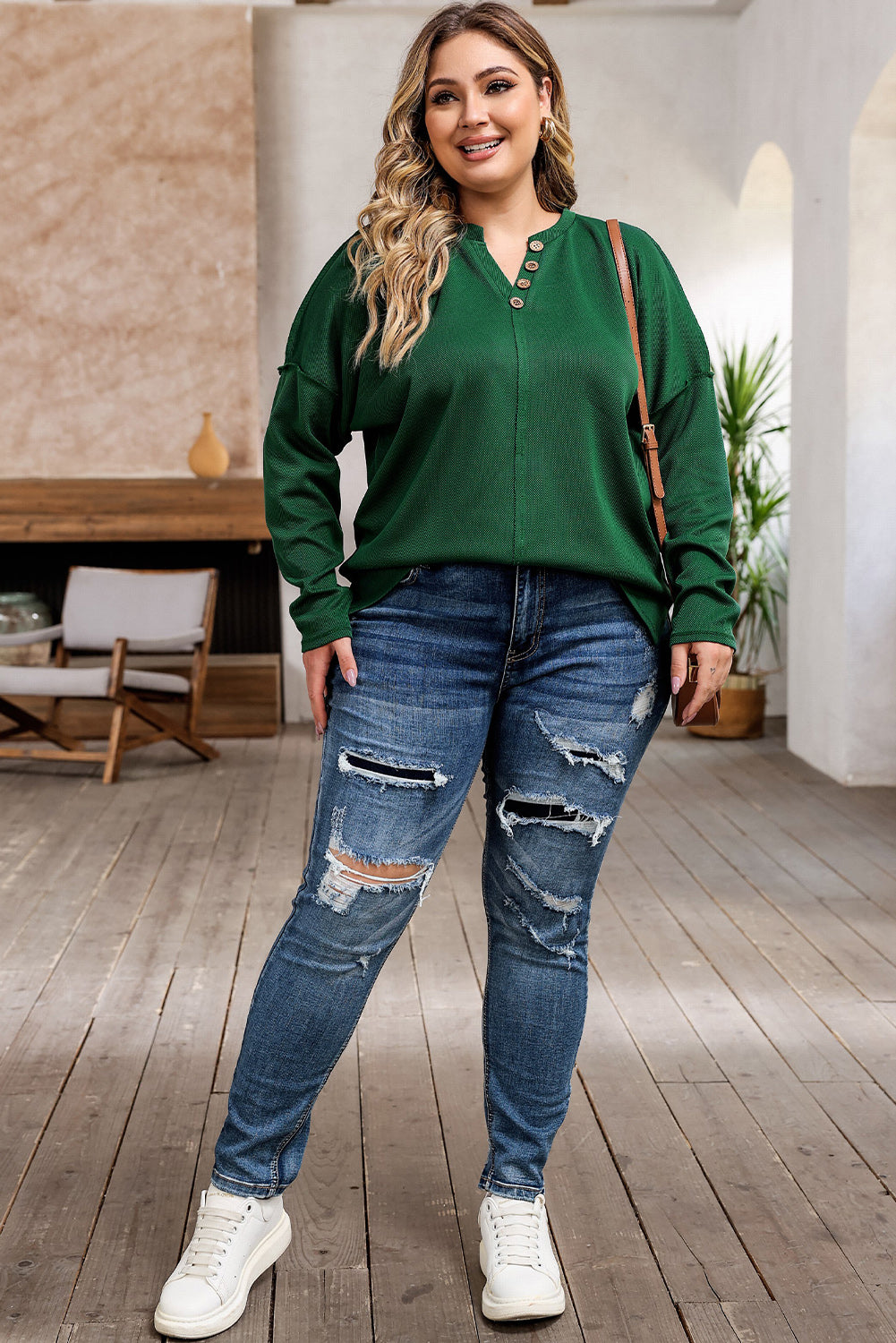 Exposed Seam Henley Buttoned Plus Size Long Sleeve Top