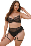 Ensemble de Lingerie Noir en Maille et Dentelle Patchwork Grande Taille