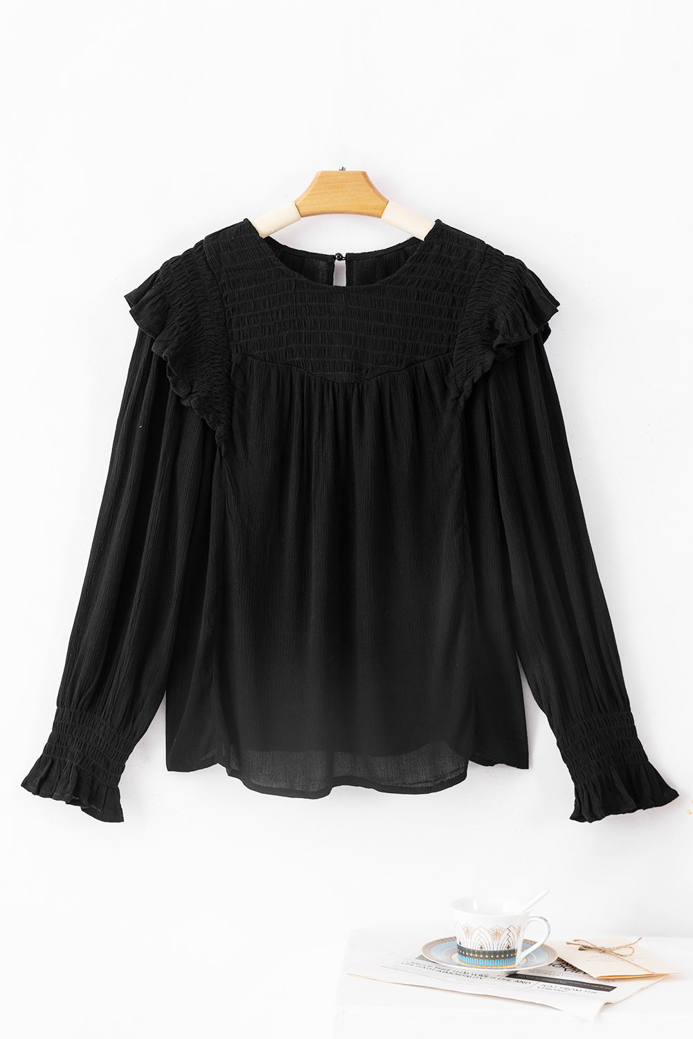 Black Crinkle Ruffle Trim Keyhole Puff Sleeve Blouse