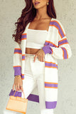 Striped Long Sleeve Ribbed Trim Button Cardigan