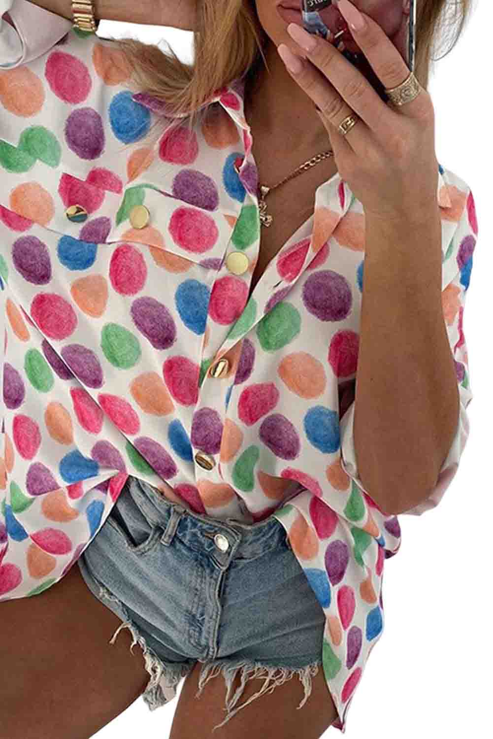 Chemise à manches longues boutonnée à pois multicolore