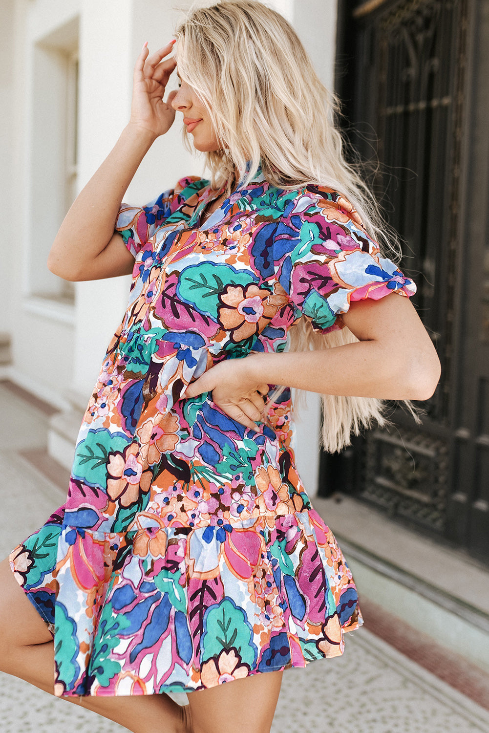 Floral Print Flutter Sleeves Smocked Neck Blouse