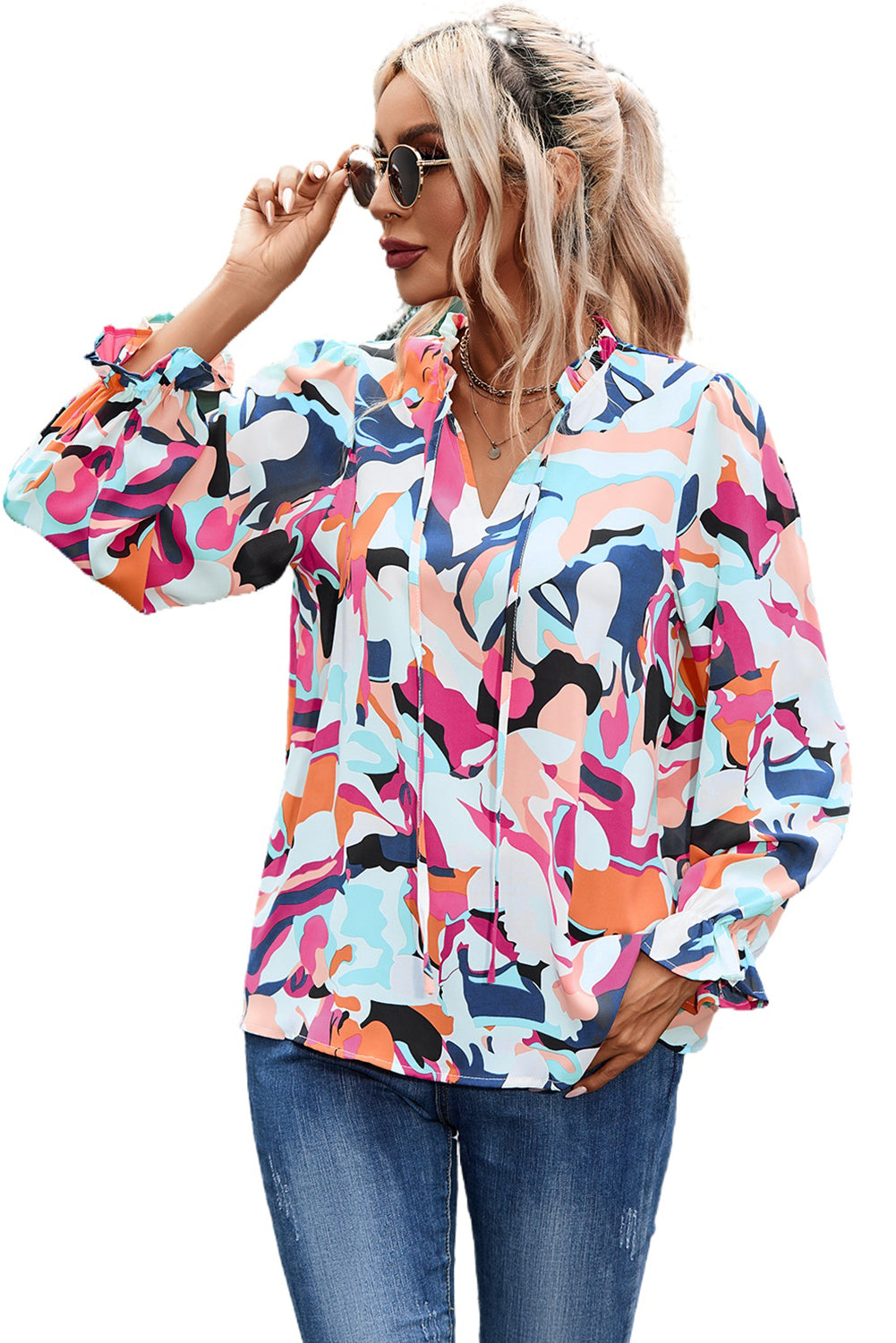 Blouse multicolore à manches longues et col en V à volants et imprimé abstrait