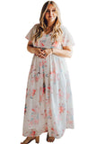 V Neck Short Sleeves Floral Print Maxi Dress