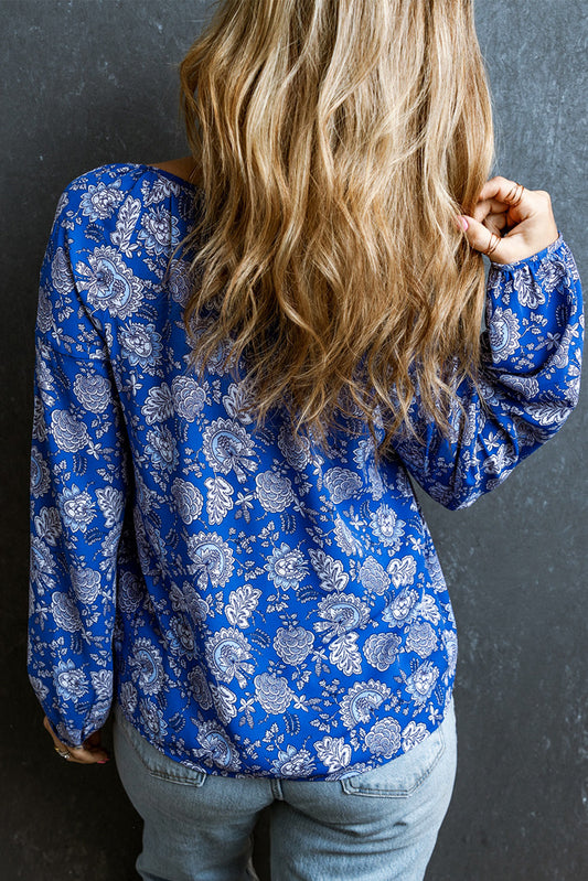 Floral Notched V-Neck Long Sleeve Blouse