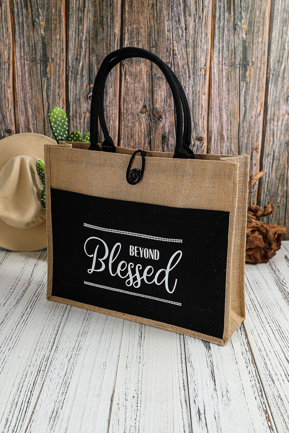 Black BEYOND Blessed Printed Vintage Burlap Bag