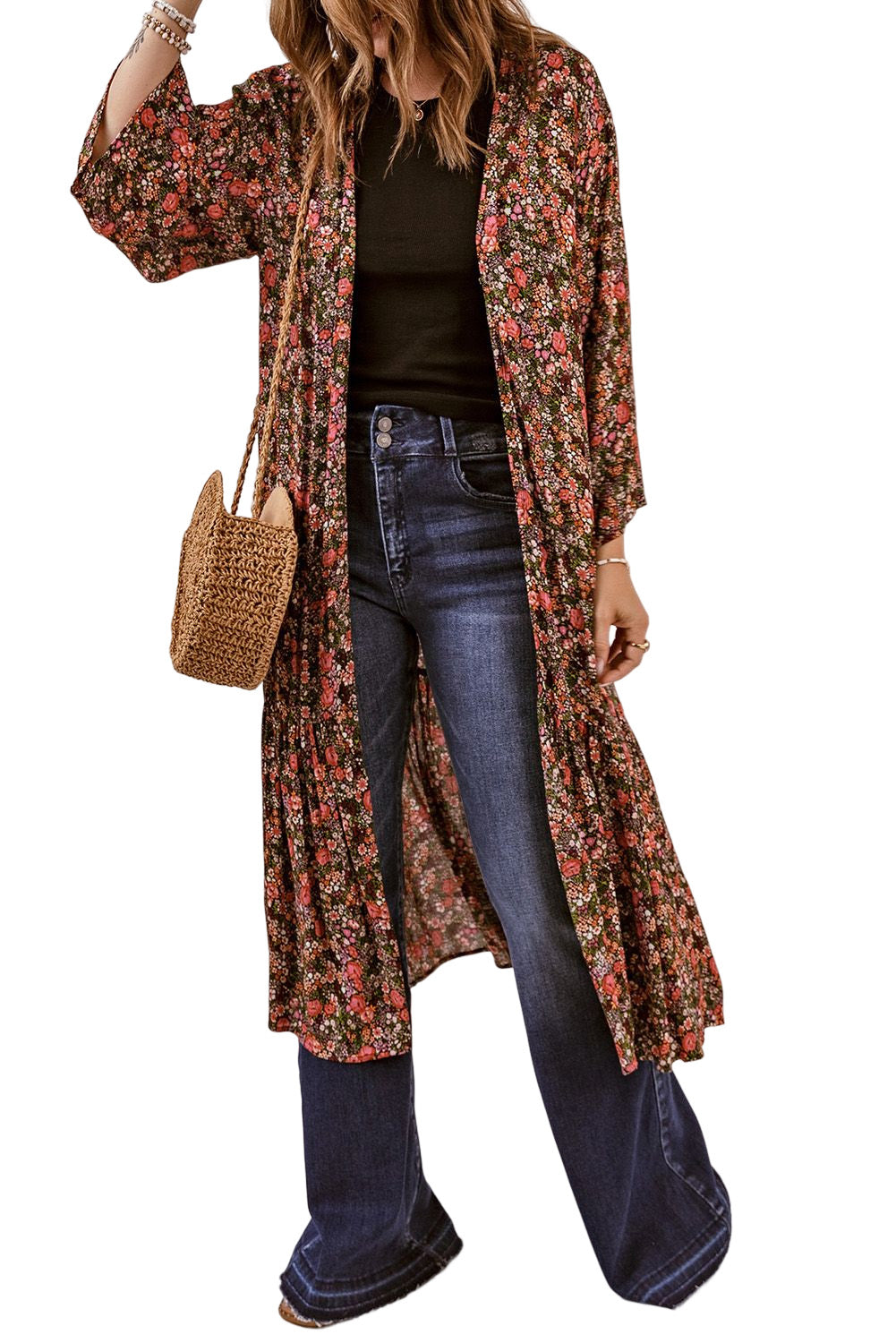 Open Front Boho Floral Print Kimono