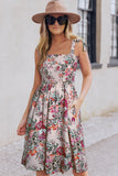 Apricot Tie Straps Smocked Floral Dress