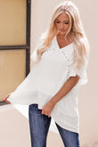 White Contrast Knit Splicing V Neck Studded Blouse