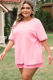 Pink Plus Size Ribbed Exposed Seam Tee and Shorts Set