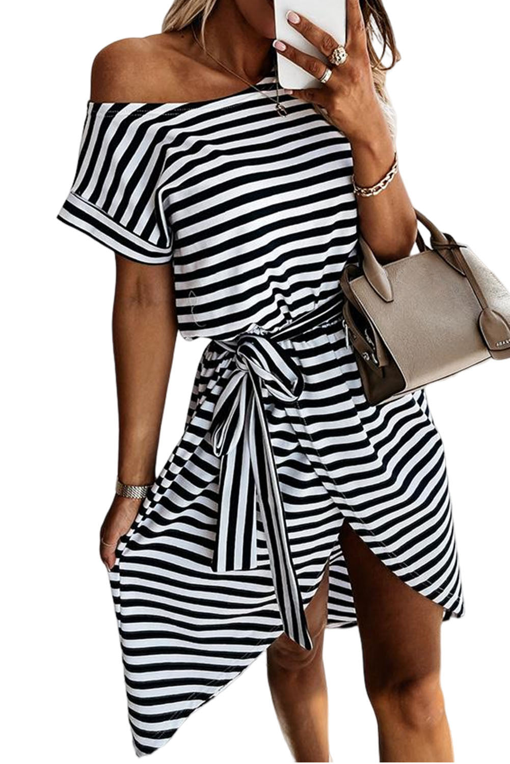 Khaki Stripe Short Sleeve Belted Wrapped Hemline T-Shirt Dress