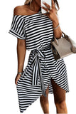 Khaki Stripe Short Sleeve Belted Wrapped Hemline T-Shirt Dress