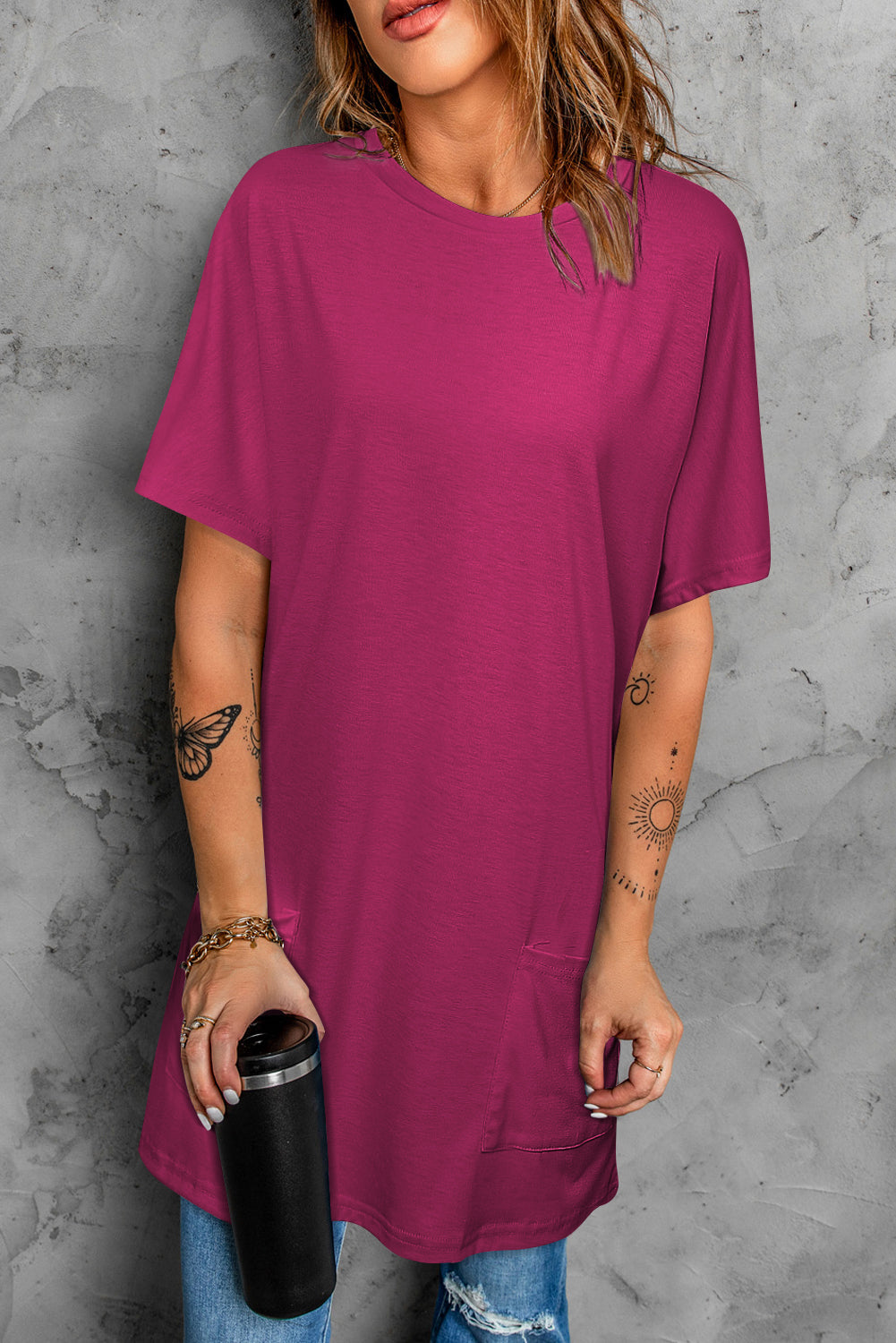 Side Pockets Short Sleeve Tunic Top