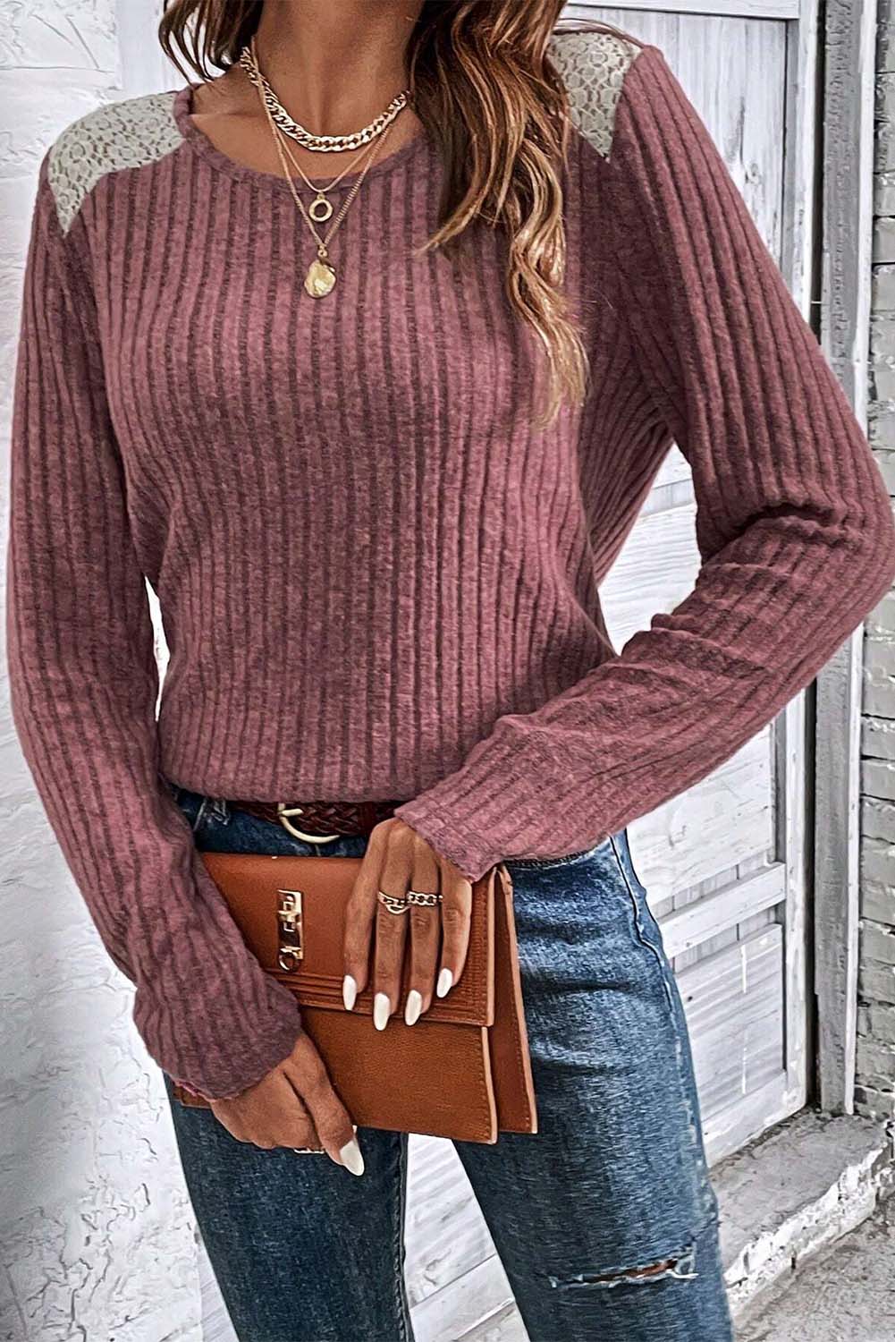 Ribbed Knit Lace Patch Shoulder Casual Sweater