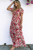 Robe longue à imprimé floral et volants à col en V et manches courtes rouge