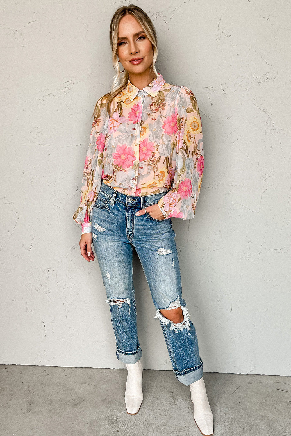 Pink Floral Print Tiered Ruffled Long Sleeve Blouse