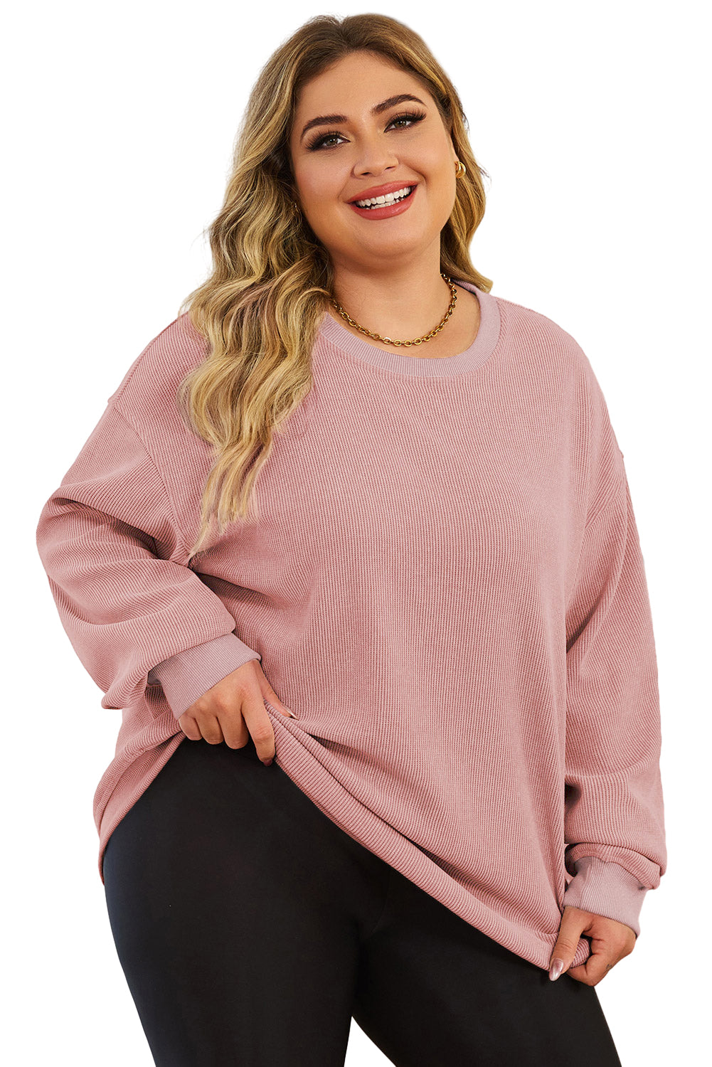 Pink Solid Ribbed Knit Round Neck Pullover Sweatshirt