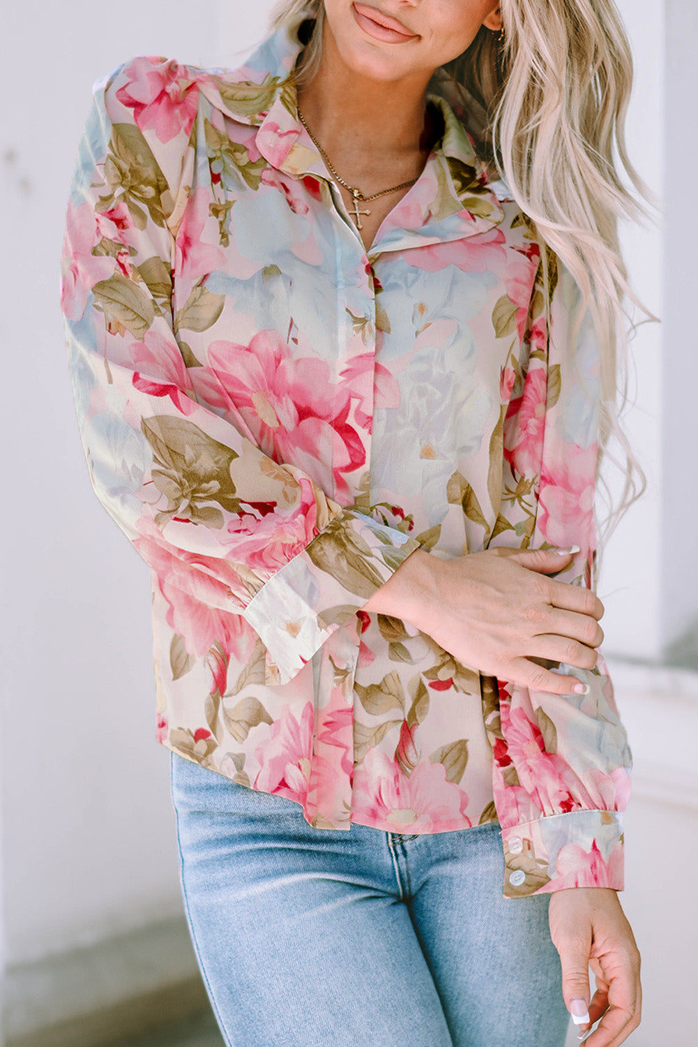 Pink Floral Print Tiered Ruffled Long Sleeve Blouse