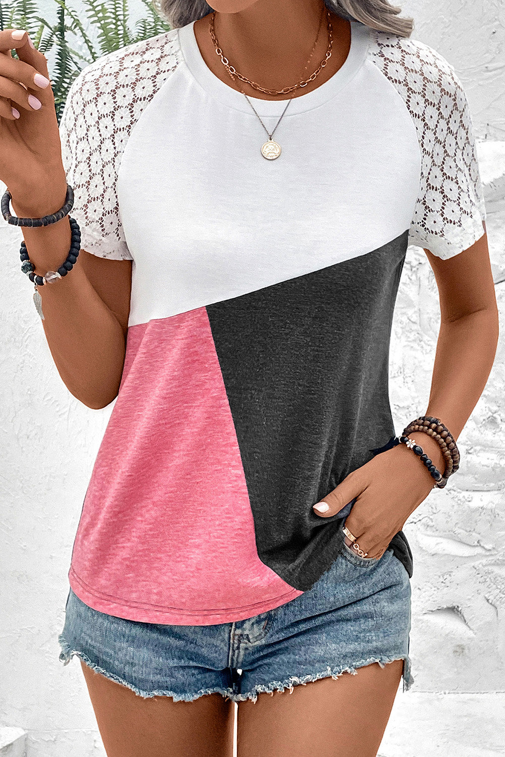 Color Block Lace Patchwork Short Sleeve T Shirt