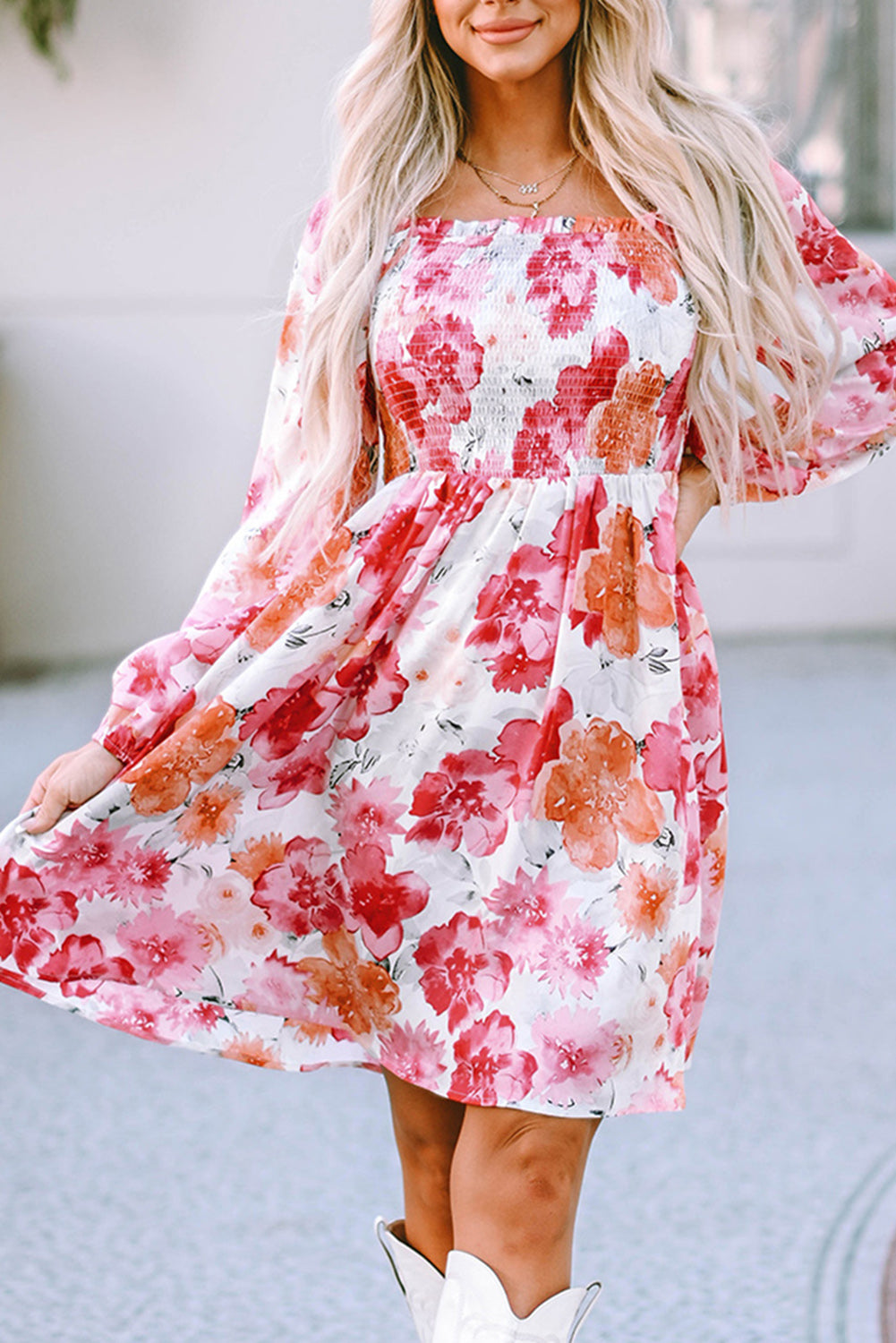 Floral Print Smocked Puff Sleeve Mini Dress