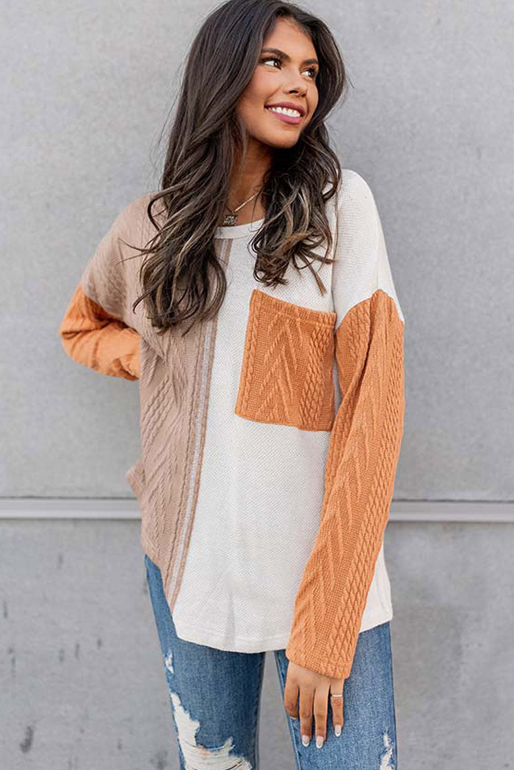 Orange Long Sleeve Colorblock Chest Pocket Textured Knit Top