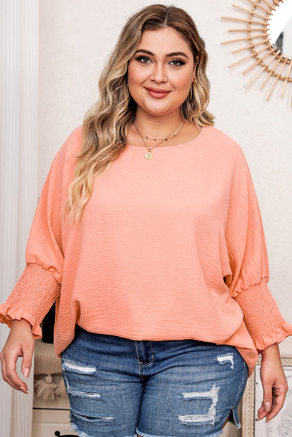 Plus Size Shirred Cuffs Shift Loose Top