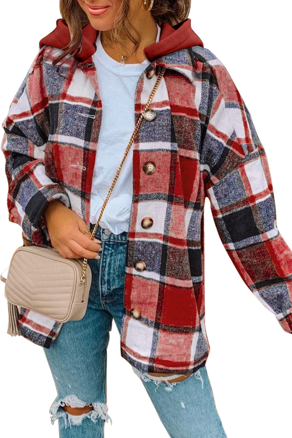 Hooded Plaid Button Front Shacket