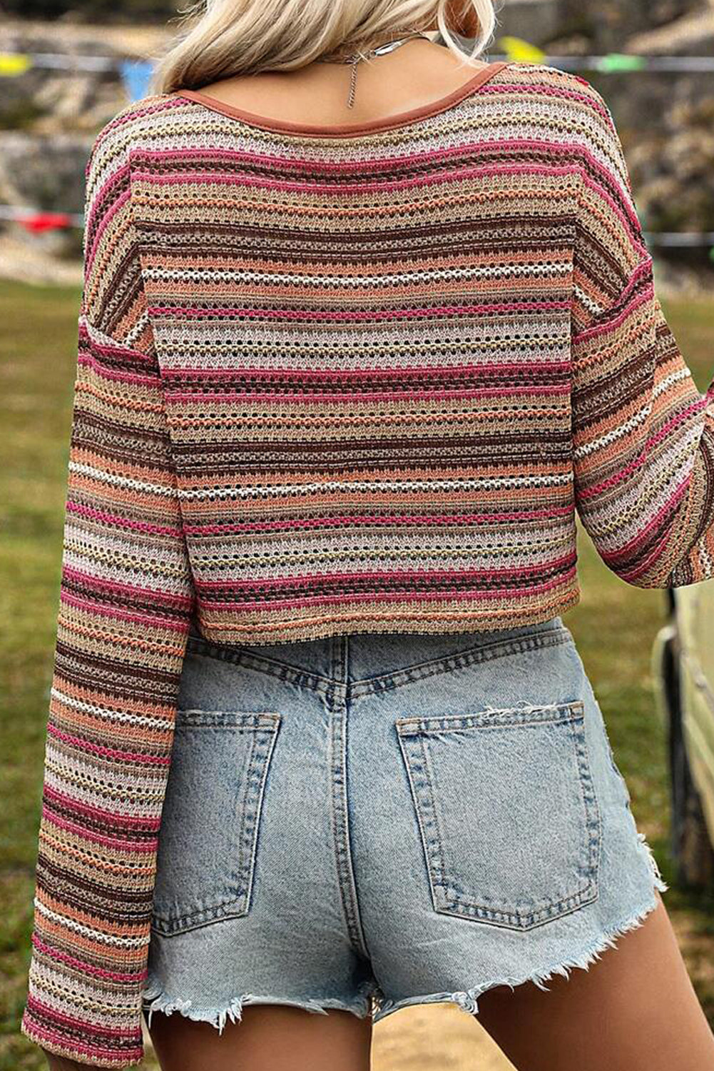 Rose Red Ethnic Striped Wide Cropped Long Sleeve Top